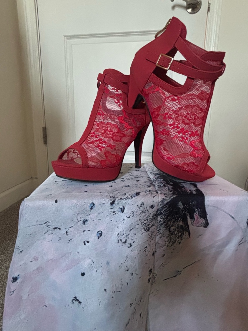 Red Lace Peep-Toe High Heel Sandals